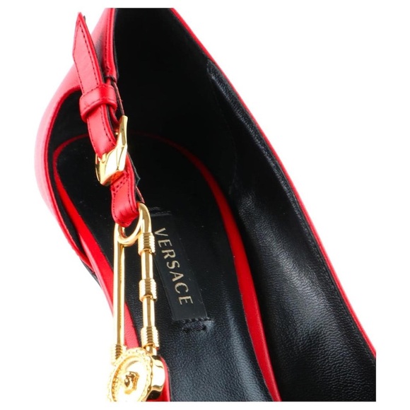 AUTHENTIC Versace red 100% leather women’s “safety pin” pump size 8 - Picture 6 of 10
